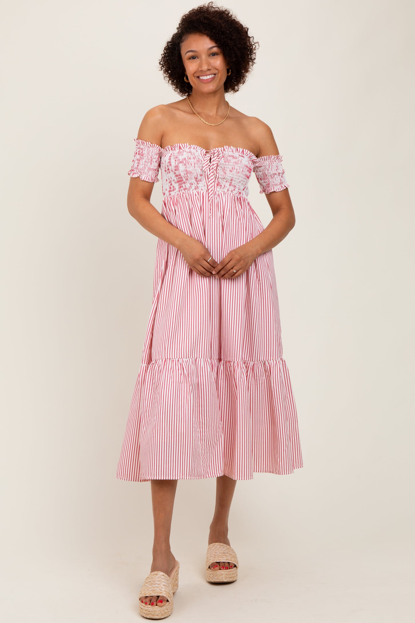 Red Striped Floral Colorblock Off Shoulder Midi Dress