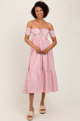 Red Striped Floral Colorblock Off Shoulder Midi Dress