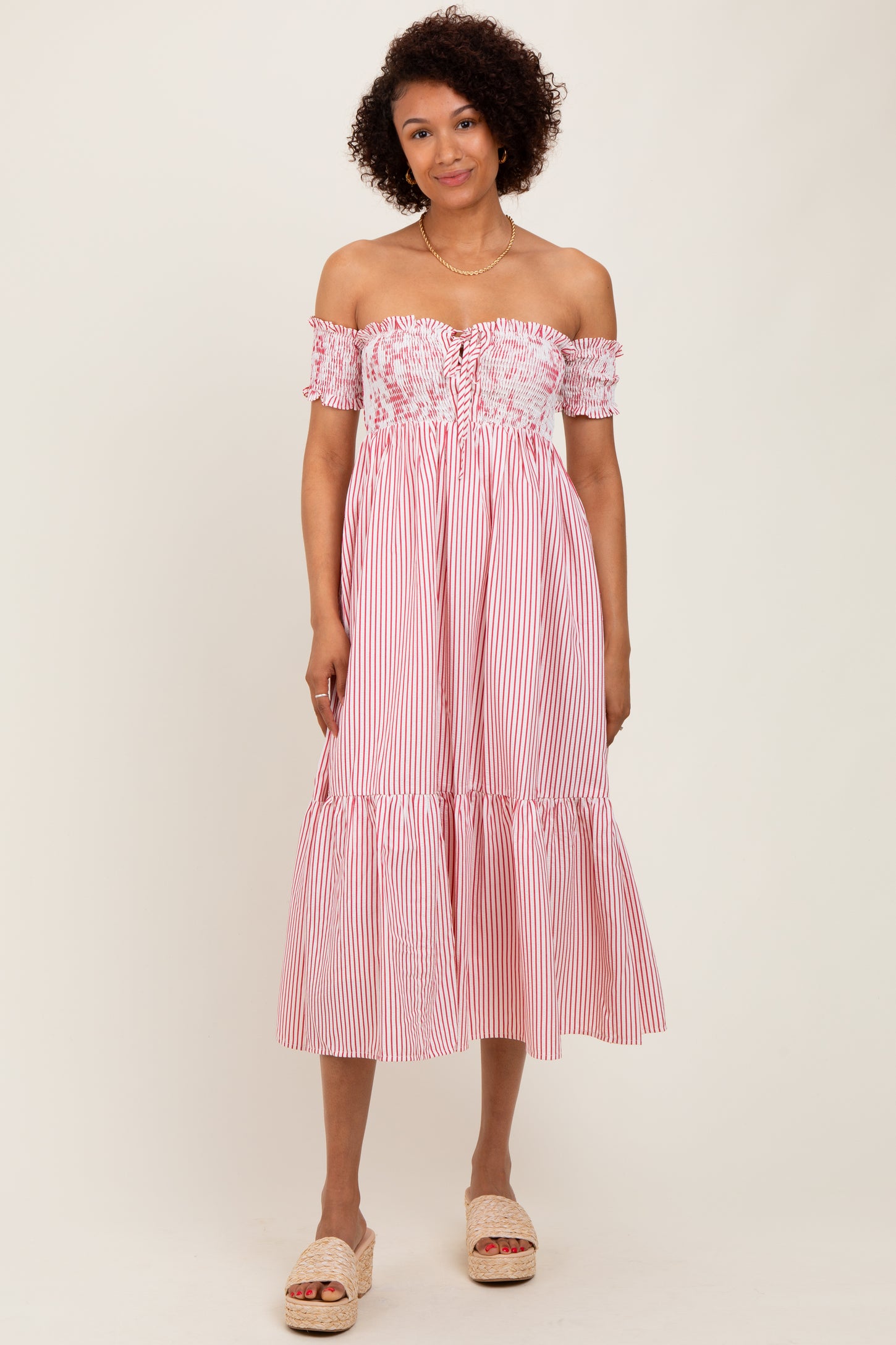 Red Striped Floral Colorblock Off Shoulder Midi Dress