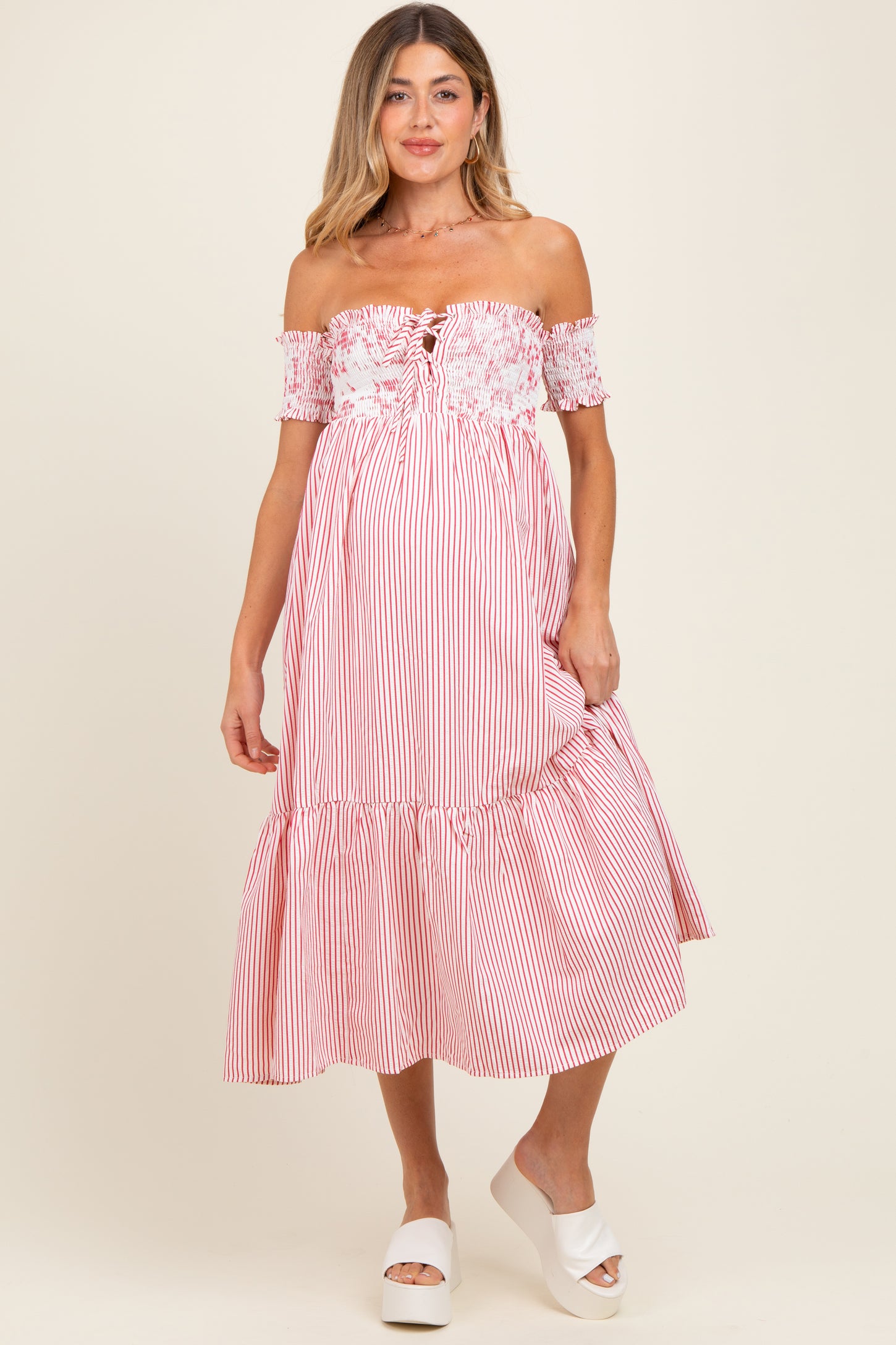 Red Striped Floral Colorblock Off Shoulder Maternity Midi Dress – PinkBlush