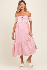 Red Striped Floral Colorblock Off Shoulder Maternity Midi Dress