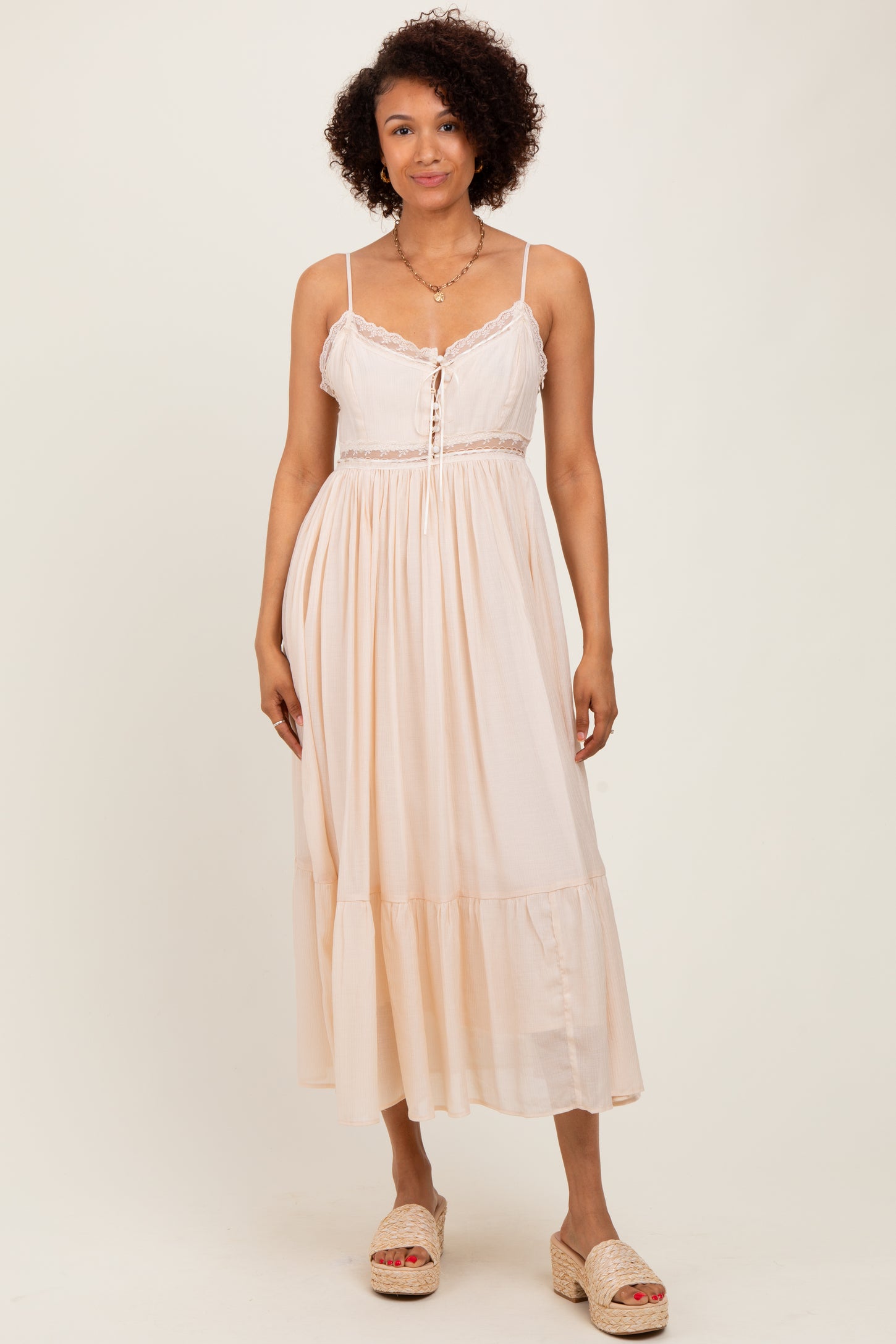 Cream Lace Detail Button Front Sleeveless Maternity Midi Dress – PinkBlush