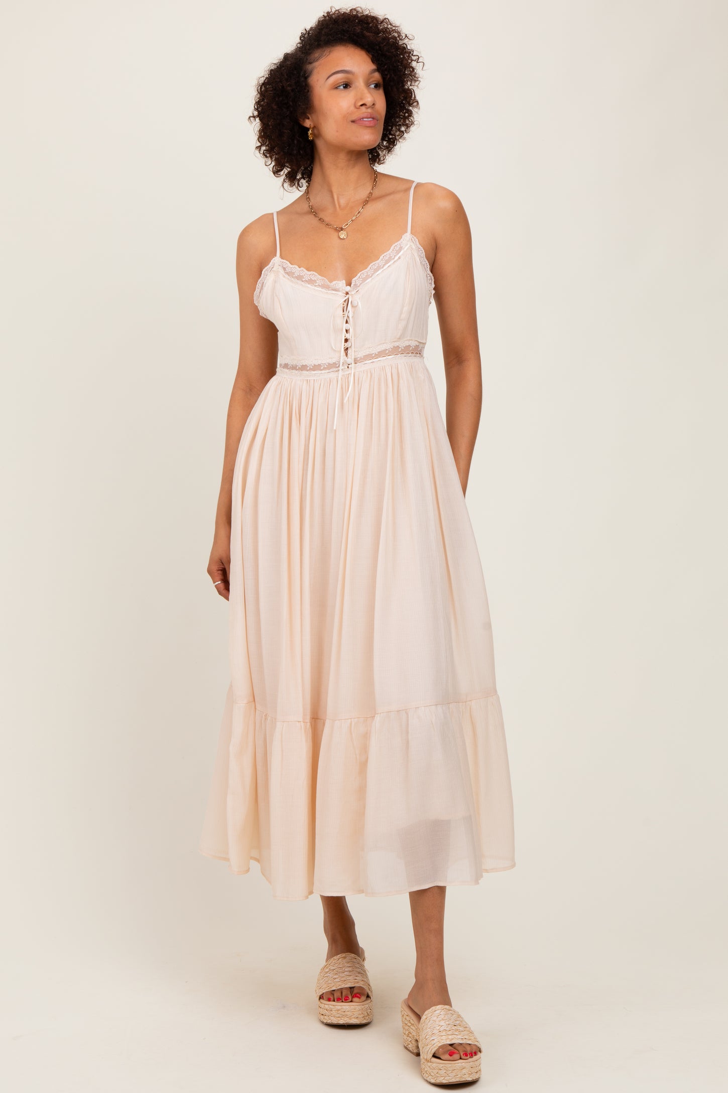 Cream Lace Detail Button Front Sleeveless Midi Dress Cream Lace Detail Button Front Sleeveless Midi Dress