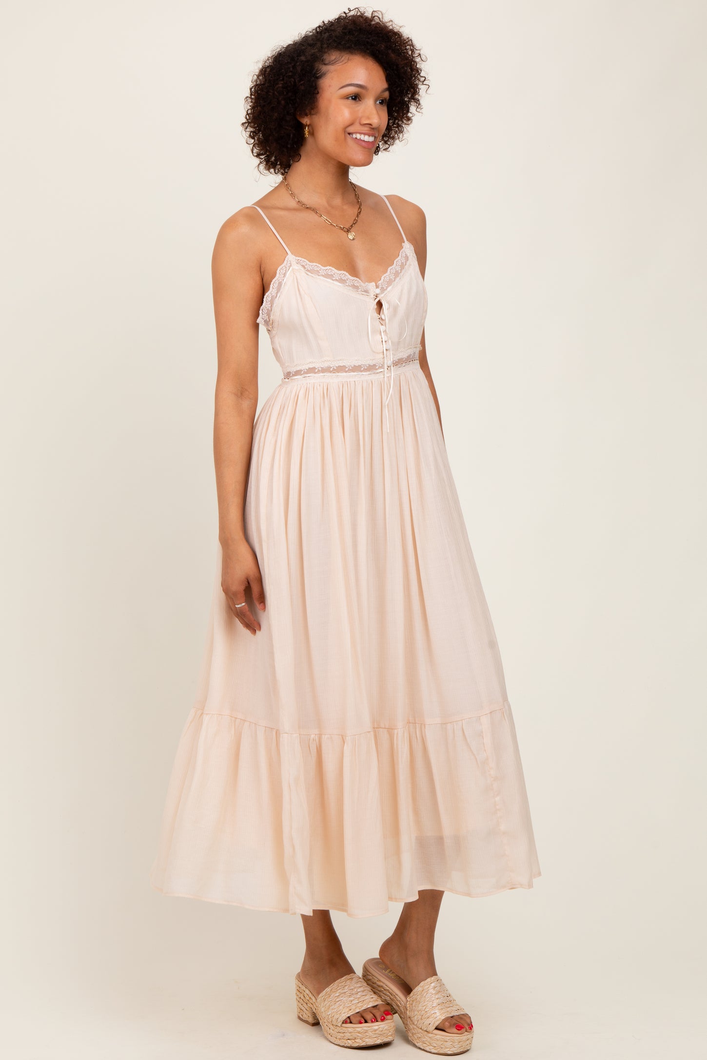 Cream Lace Detail Button Front Sleeveless Midi Dress PinkBlush Cream Lace Detail Button Front Sleeveless Midi Dress PinkBlush