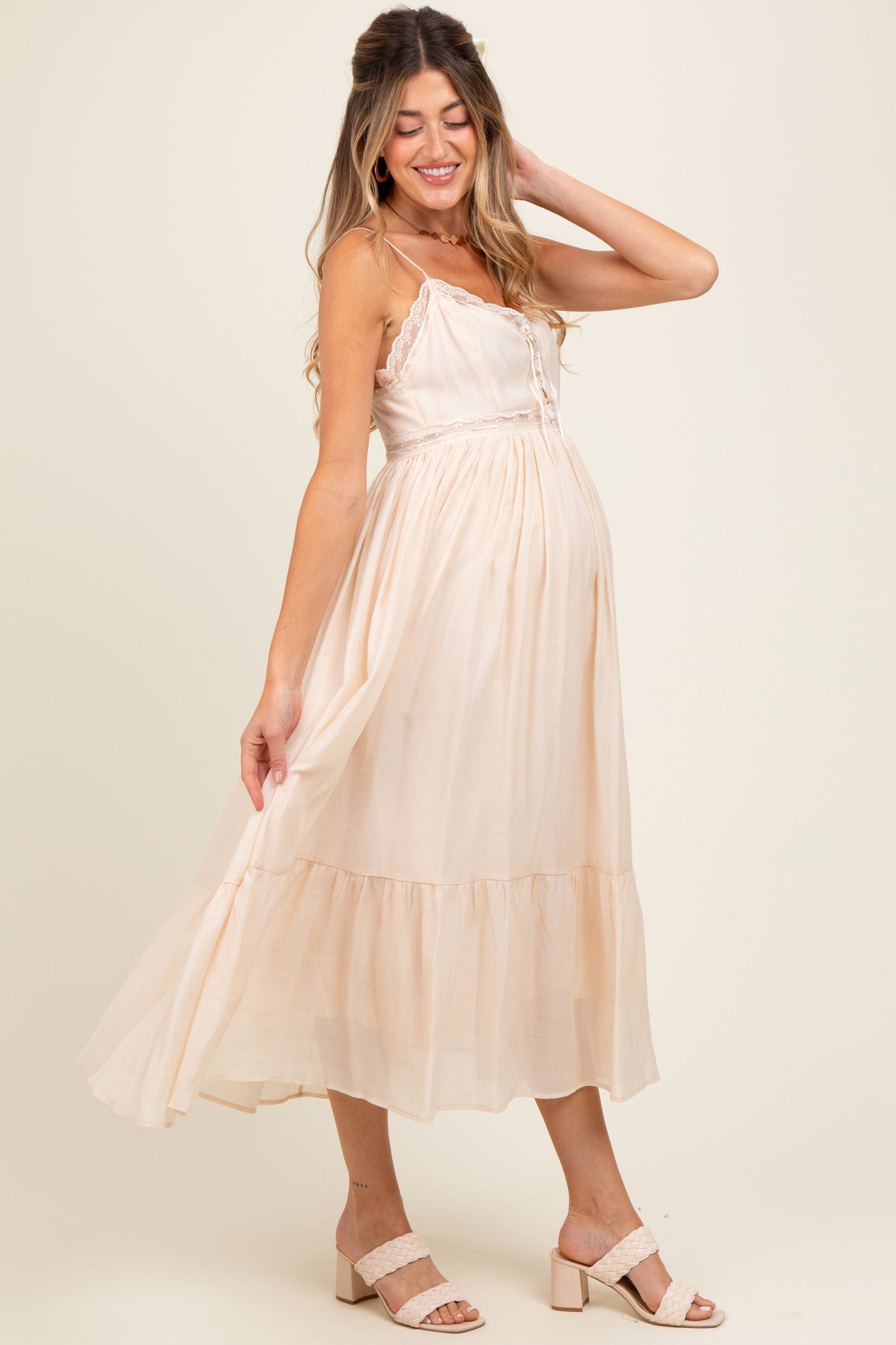 Cream Lace Detail Button Front Sleeveless Maternity Midi Dress PinkBlush Cream Lace Detail Button Front Sleeveless Maternity Midi Dress PinkBlush