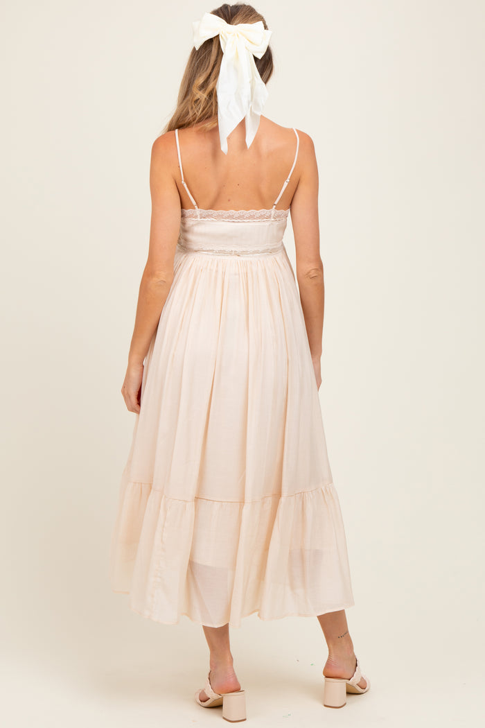 Cream Lace Detail Button Front Sleeveless Maternity Midi Dress