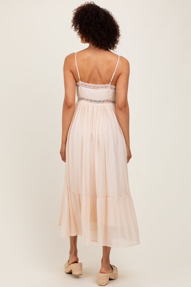 Cream Lace Detail Button Front Sleeveless Midi Dress