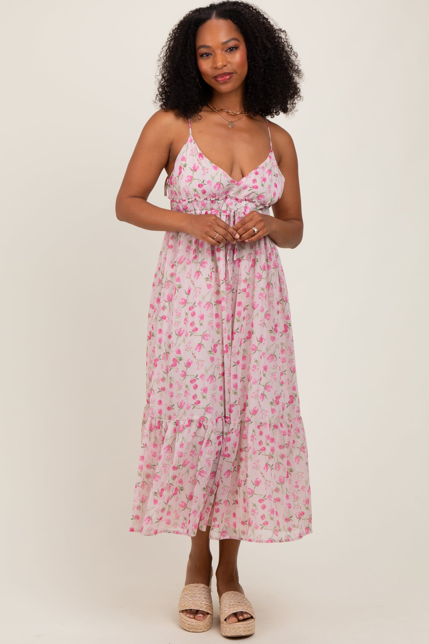 Pink Floral V-Neck Sleeveless Side Tie Midi Dress