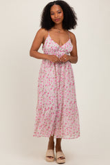 Pink Floral V-Neck Sleeveless Side Tie Midi Dress