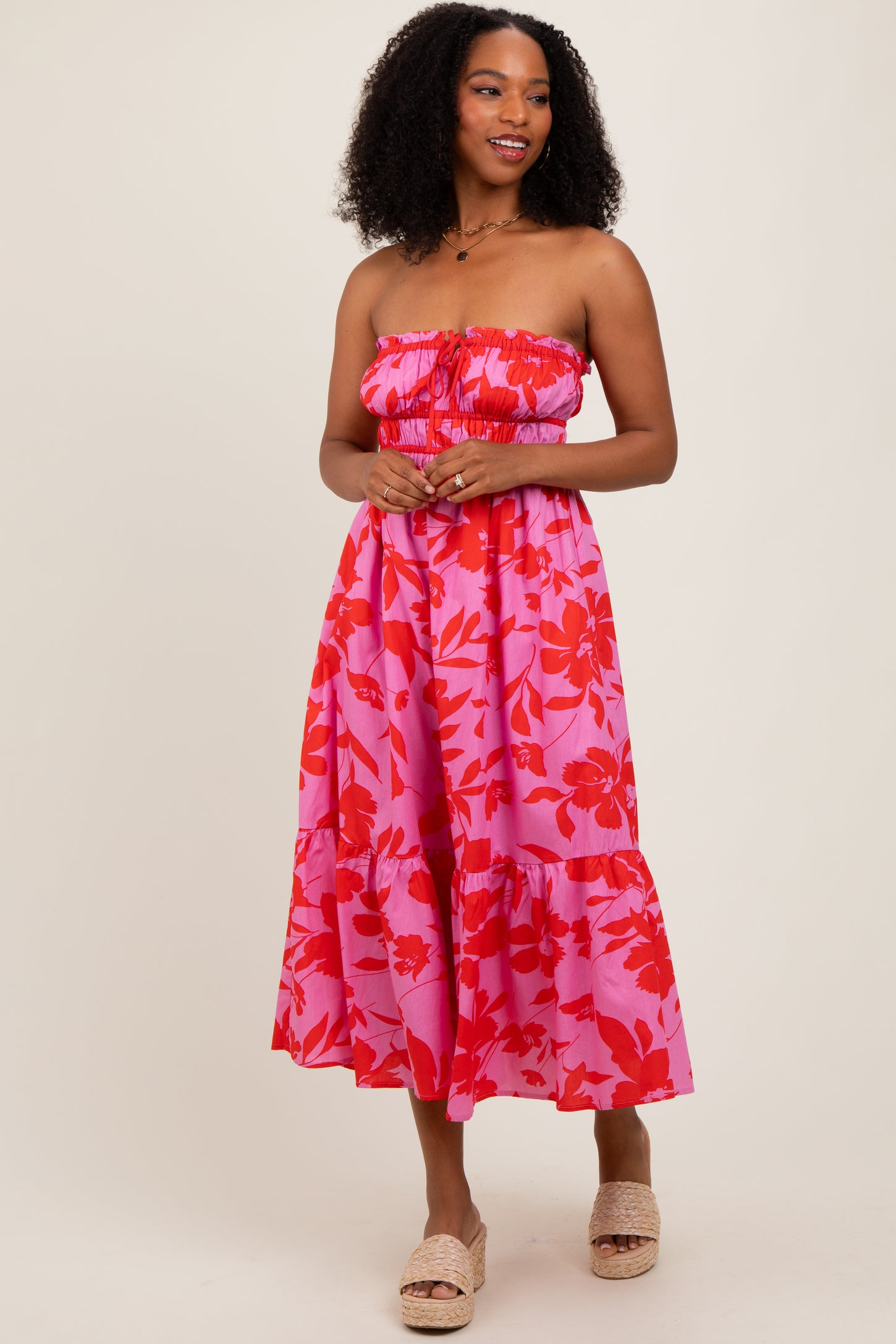 Pink Floral Strapless Front Tie Midi Dress