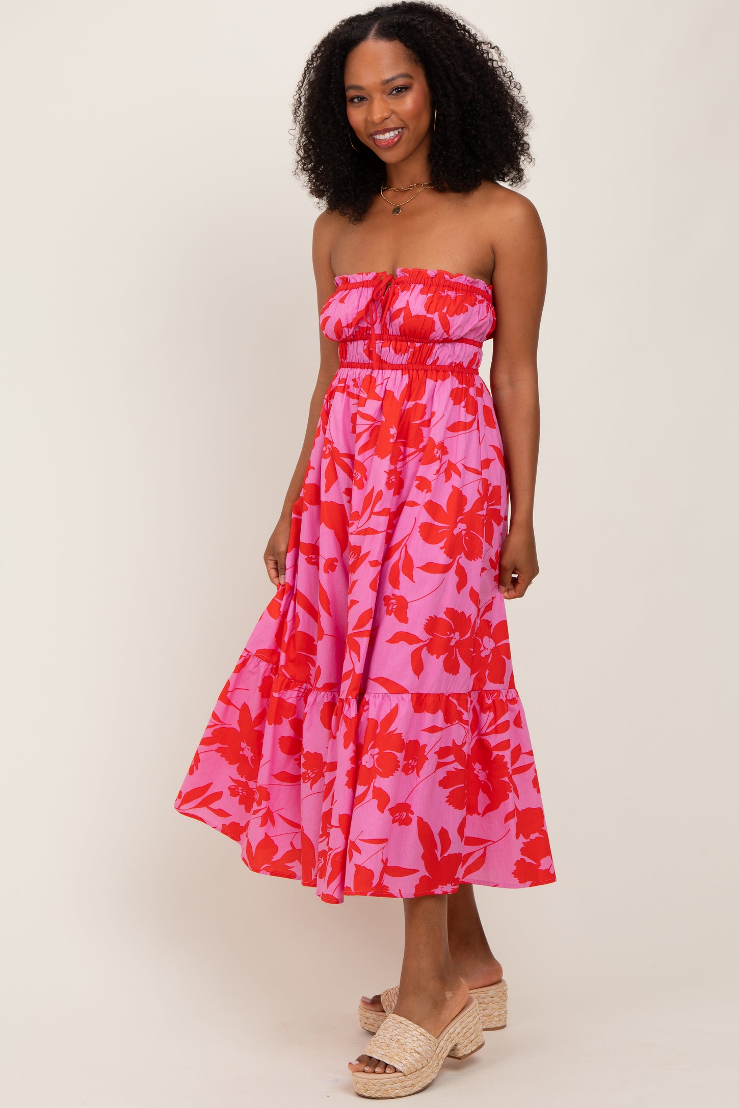 front tie midi dress Pink Floral Strapless Front Tie Midi Dress