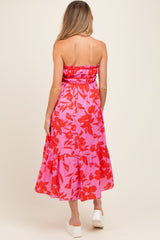Pink Floral Strapless Front Tie Maternity Midi Dress