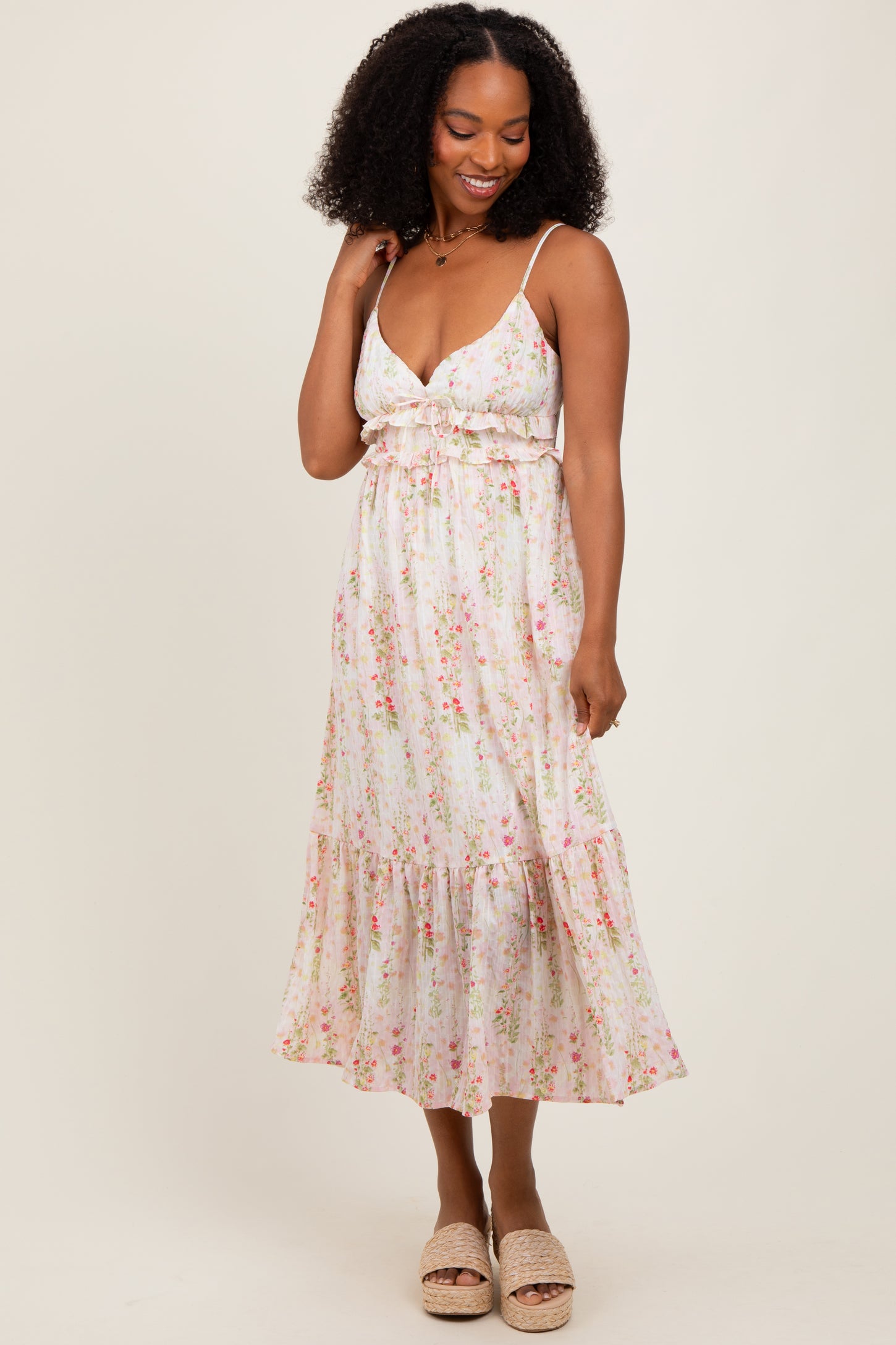 Yellow Floral Ruffle Accent Sleeveless Midi Dress