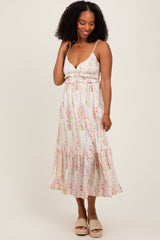 Yellow Floral Ruffle Accent Sleeveless Maternity Midi Dress