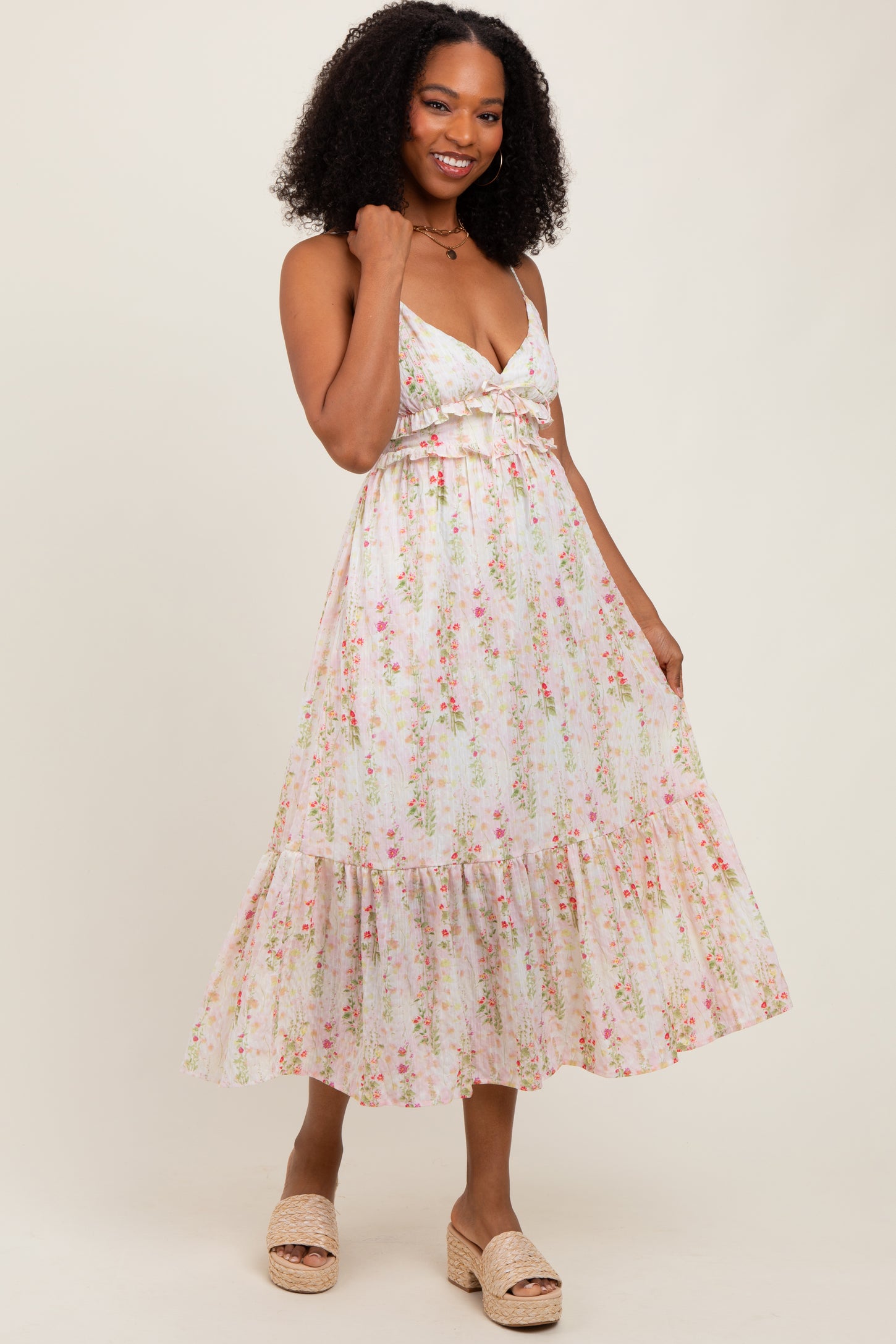 Yellow Floral Ruffle Accent Sleeveless Midi Dress – PinkBlush