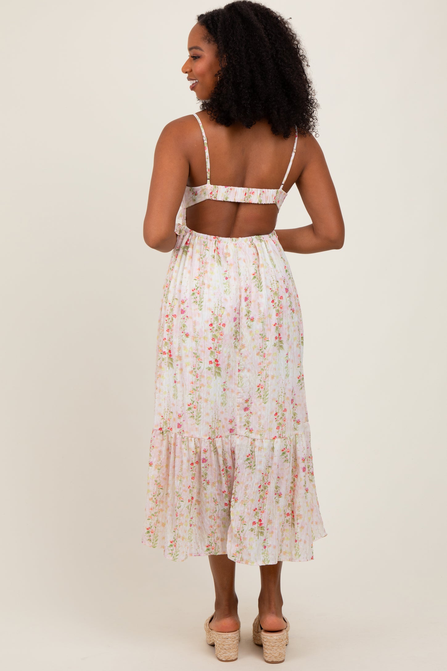 Yellow Floral Ruffle Accent Sleeveless Midi Dress