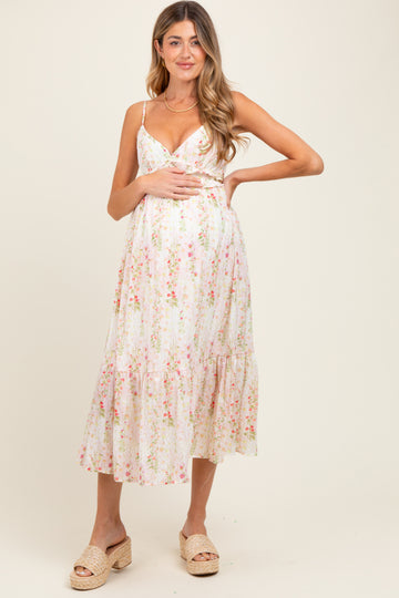 Yellow Floral Ruffle Accent Sleeveless Maternity Midi Dress