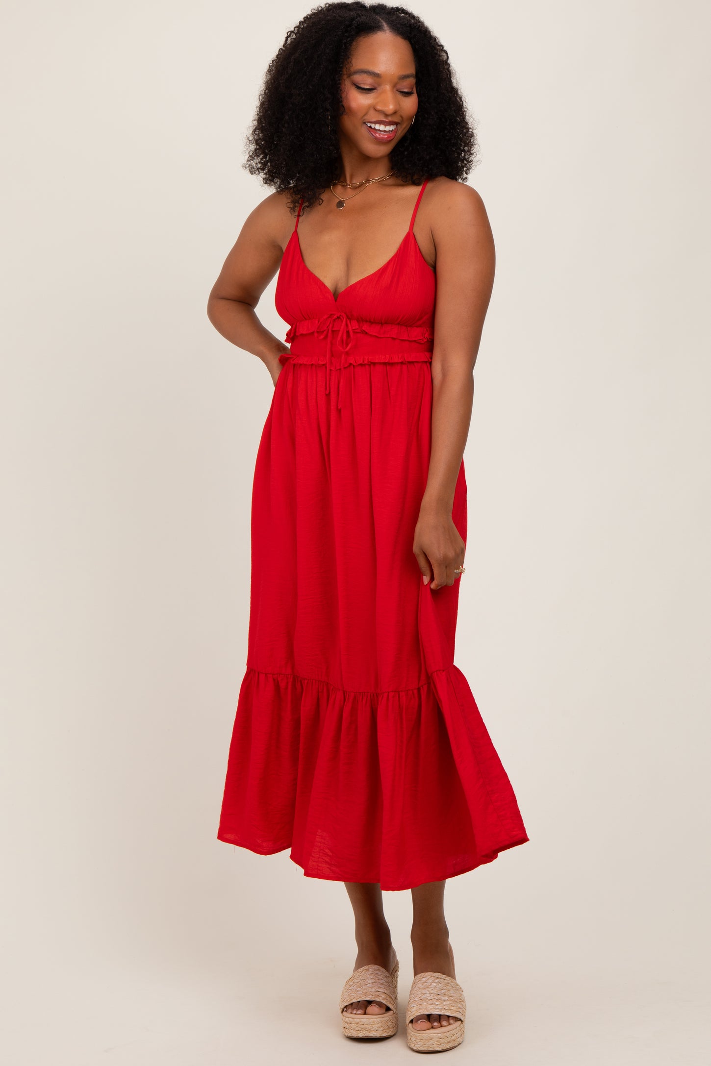 Red Ruffle Accent Sleeveless Midi Dress