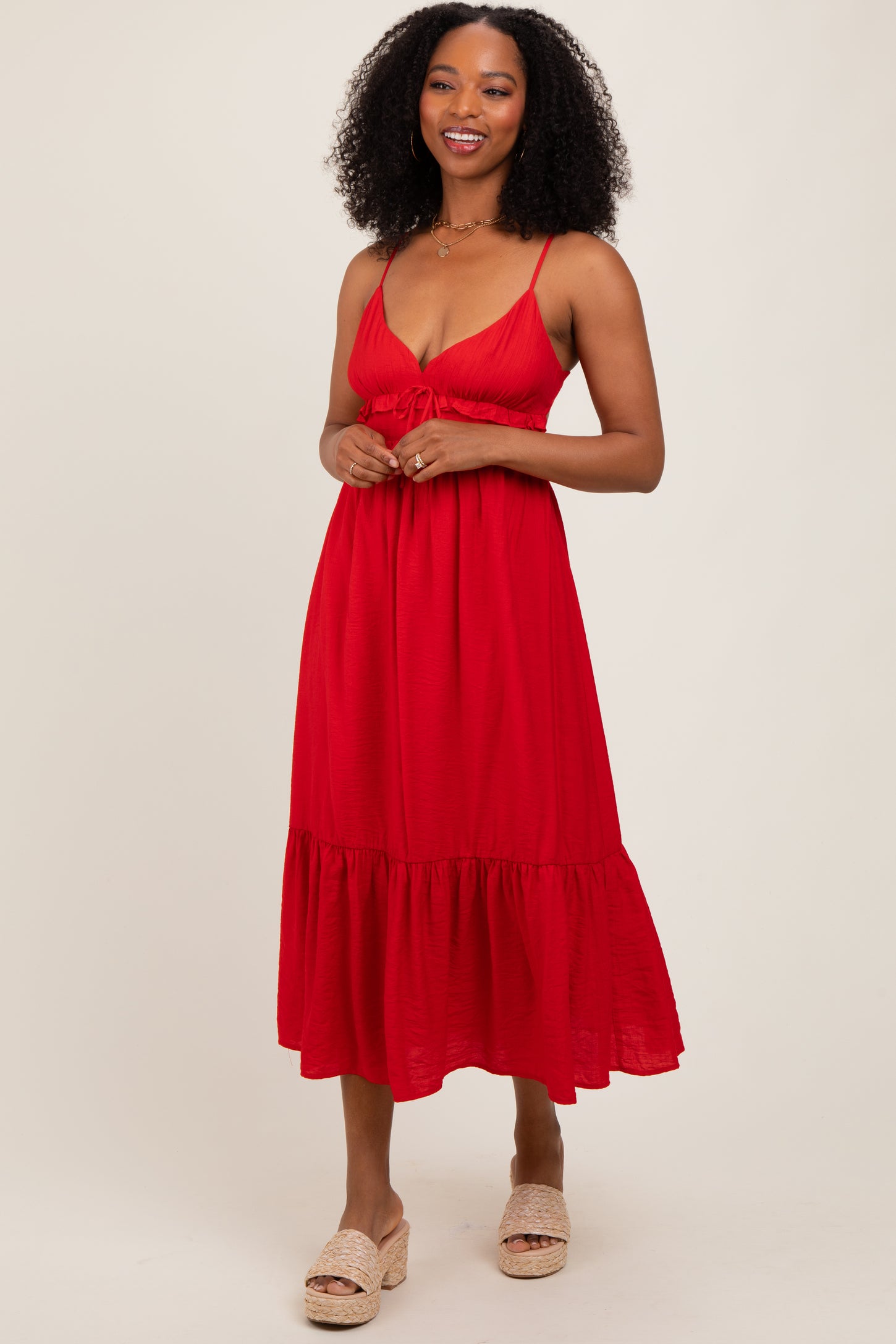 Red Ruffle Accent Sleeveless Midi Dress