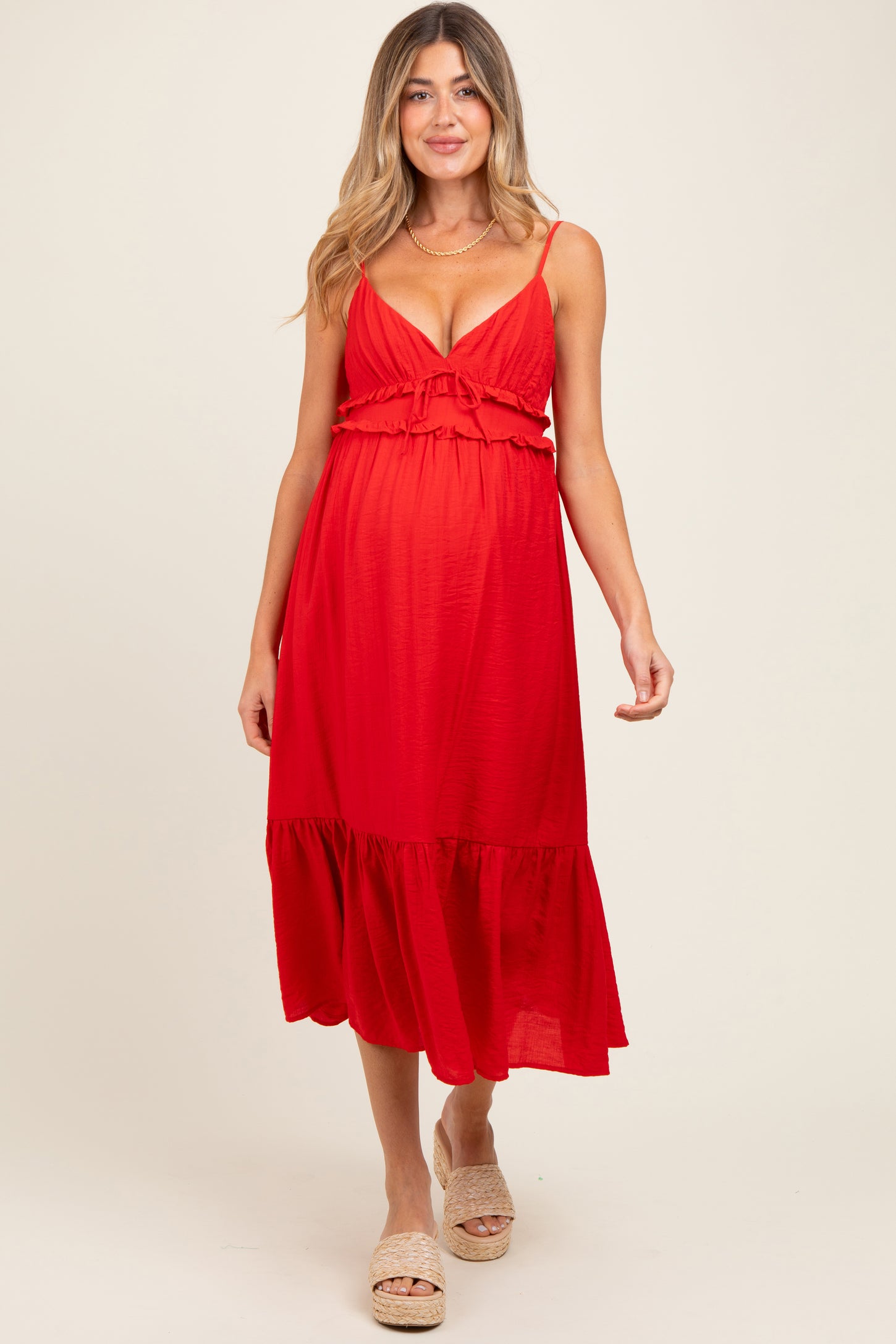 Red Ruffle Accent Sleeveless Maternity Midi Dress