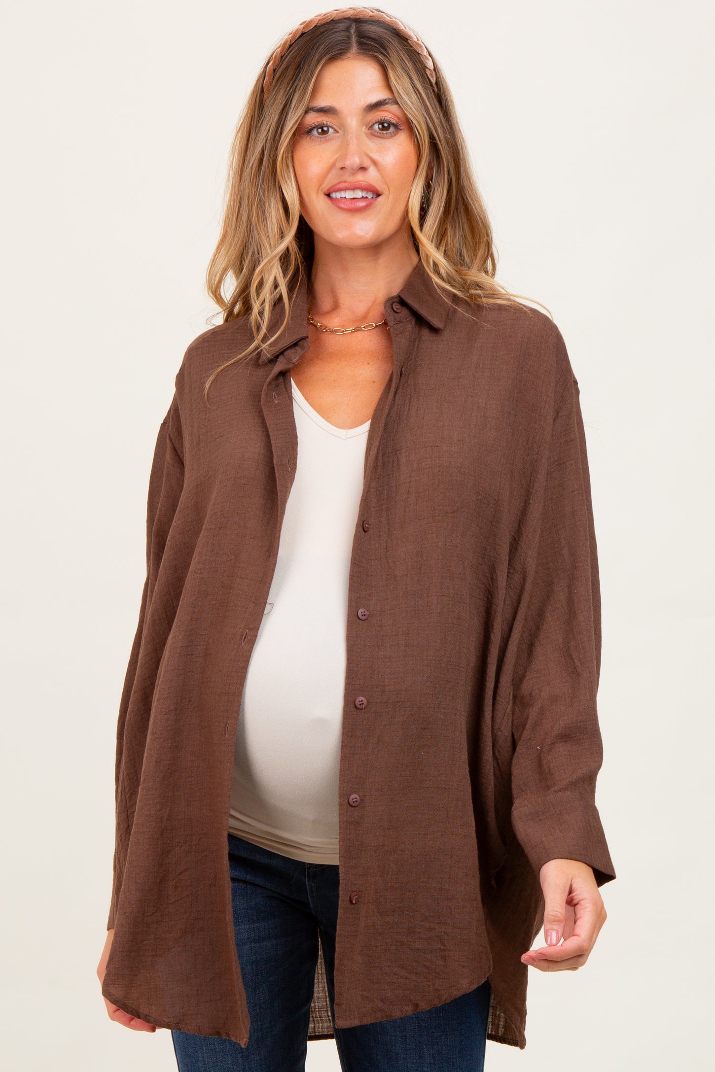Light Brown Lightweight Sheer Button Down Maternity Blouse