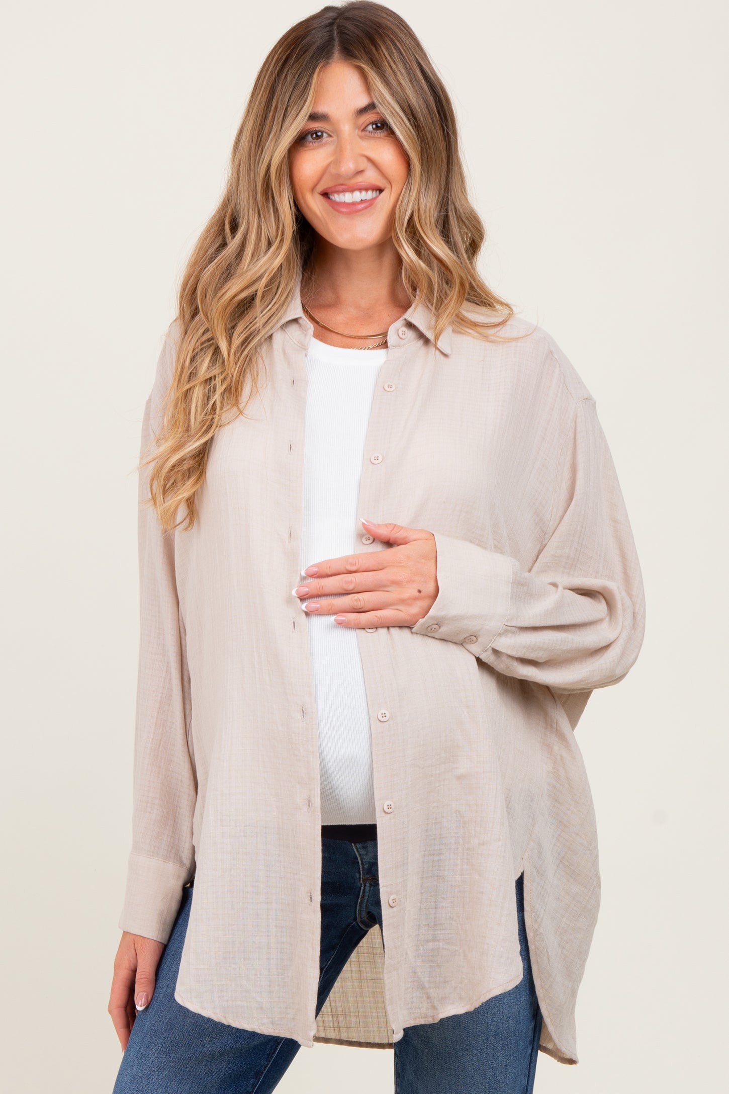 Light Beige Lightweight Sheer Button Down Maternity Blouse