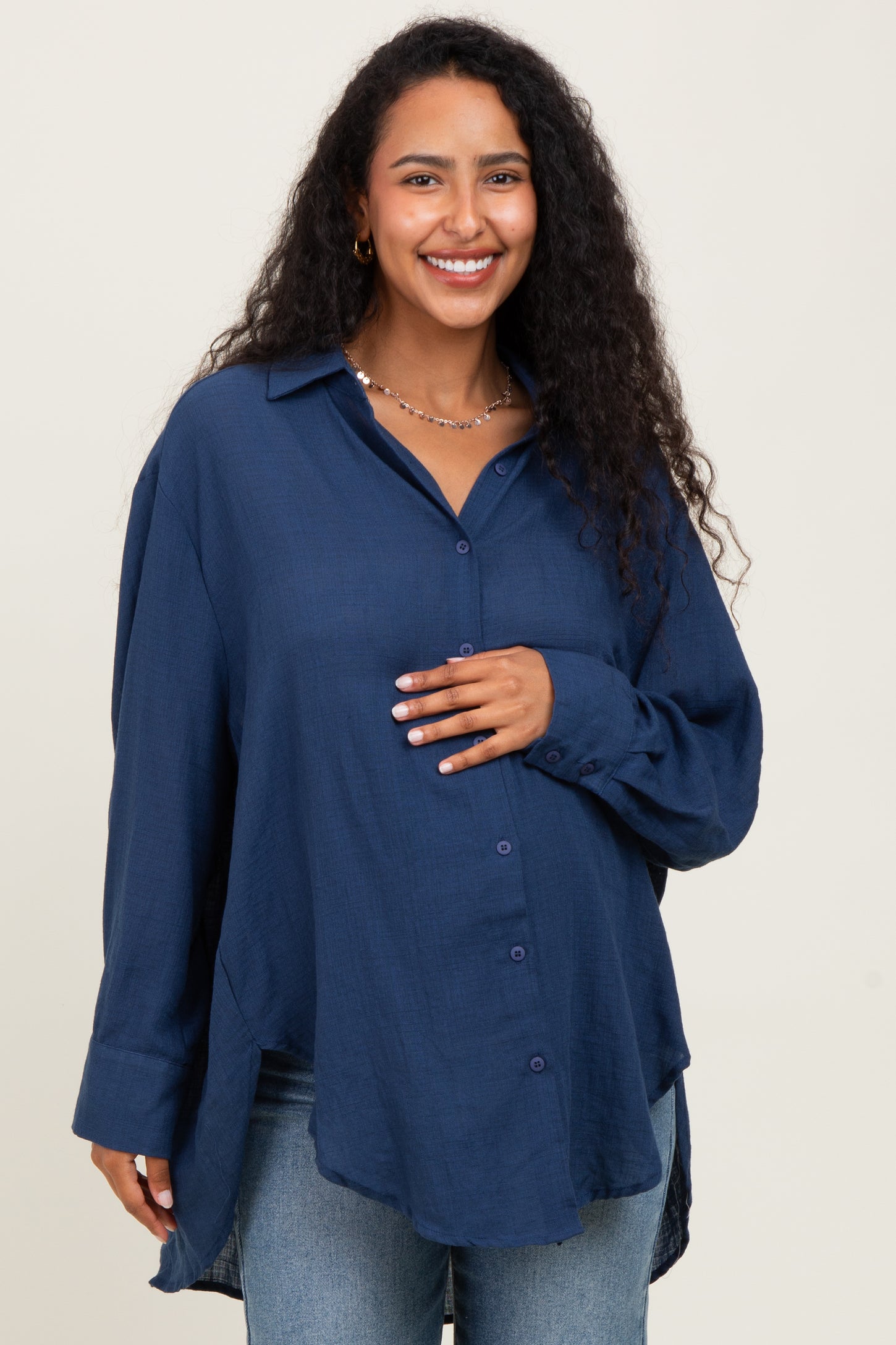 Navy Lightweight Sheer Button Down Maternity Blouse