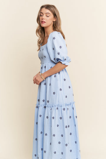 Light Blue Floral Smocked Puff Sleeve Maxi Dress