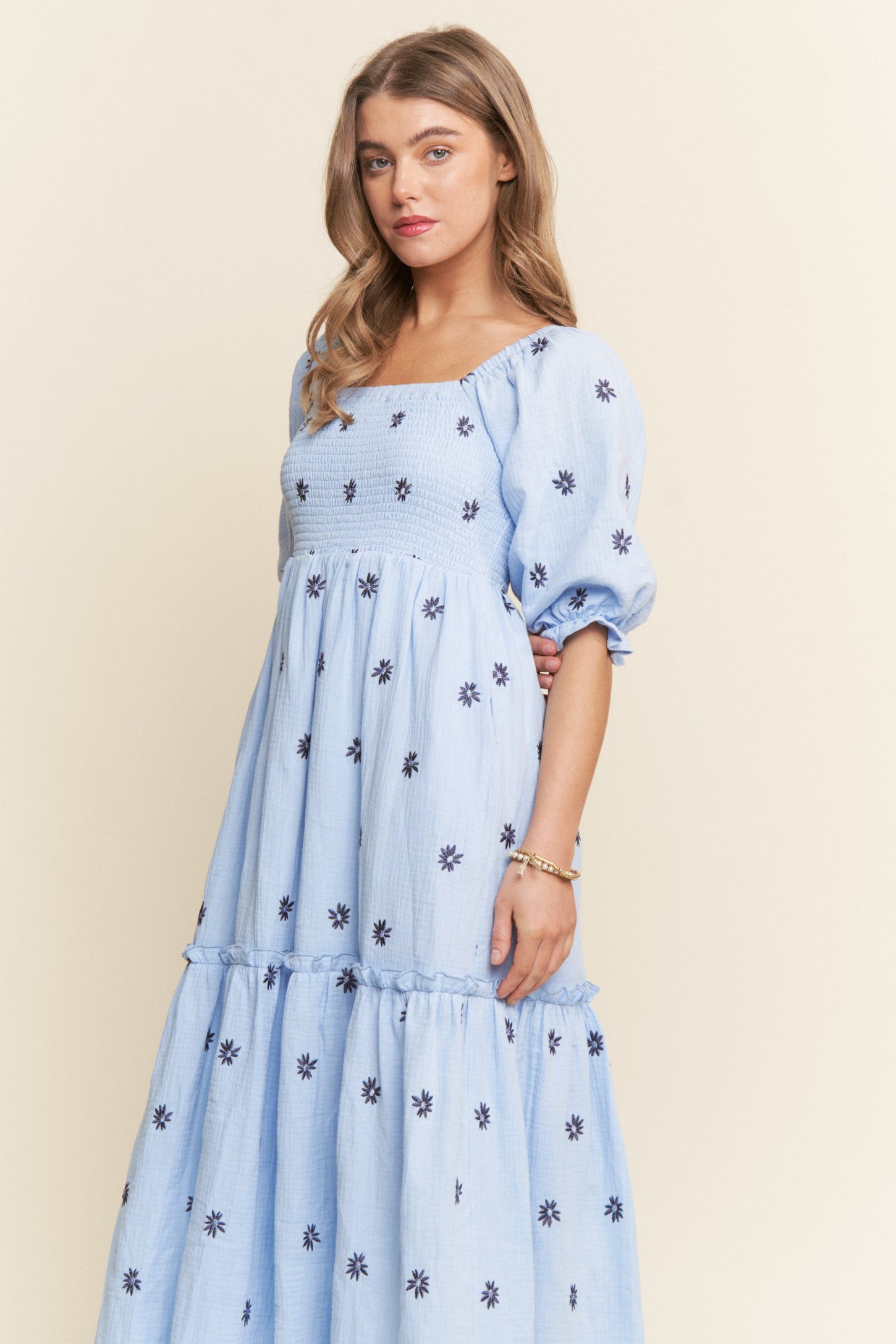 Light Blue Floral Smocked Puff Sleeve Maxi Dress – PinkBlush