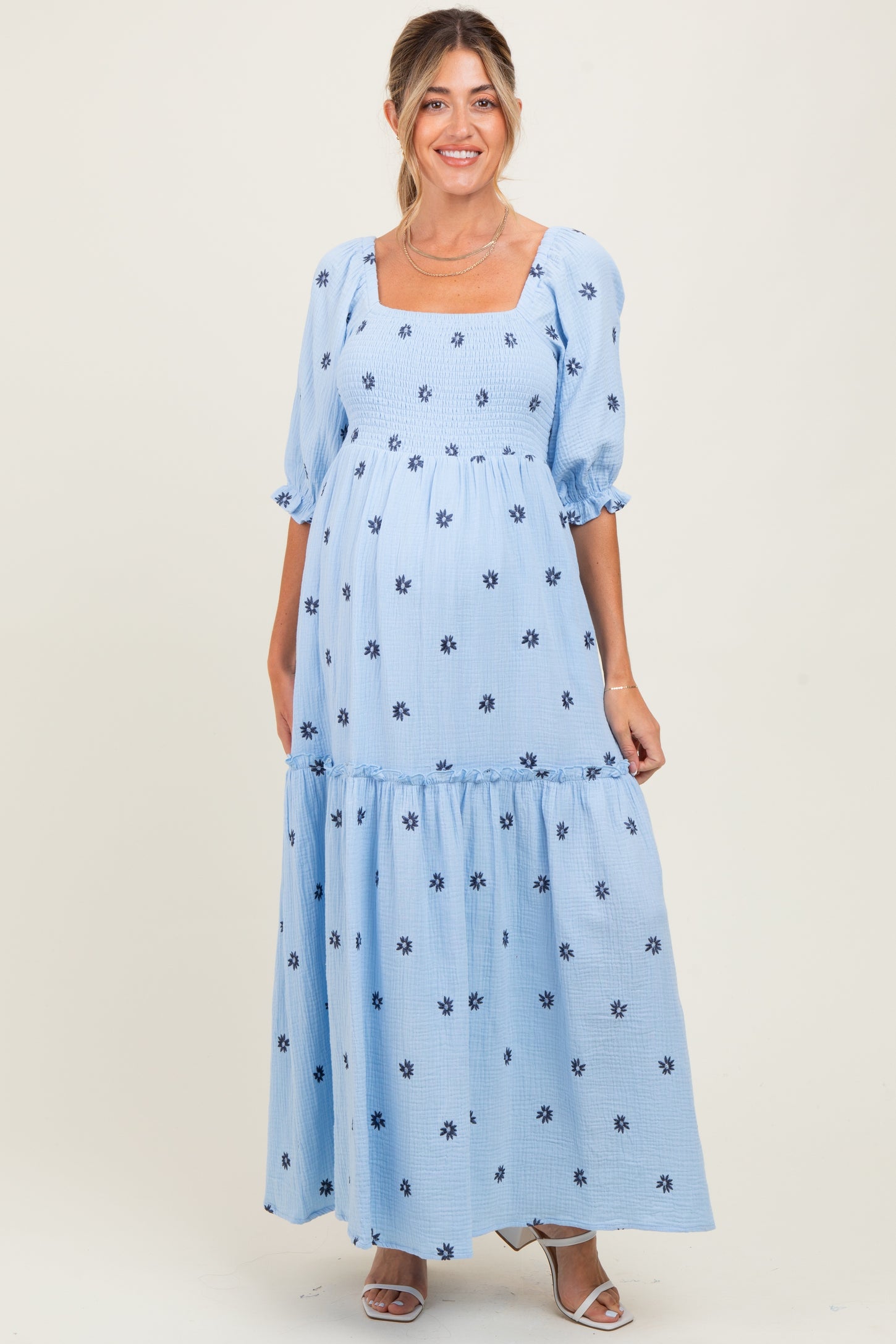 Light Blue Floral Smocked Puff Sleeve Maternity Maxi Dress