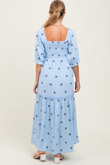 Light Blue Floral Smocked Puff Sleeve Maternity Maxi Dress