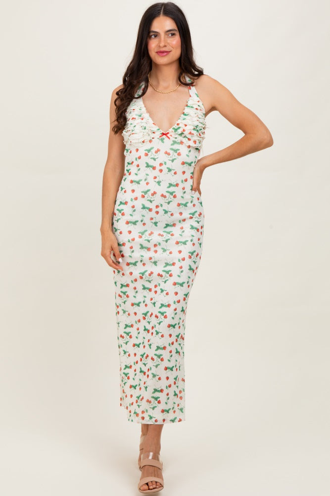 Ivory Strawberry Print Ruffle Detail Halter Maxi Dress
