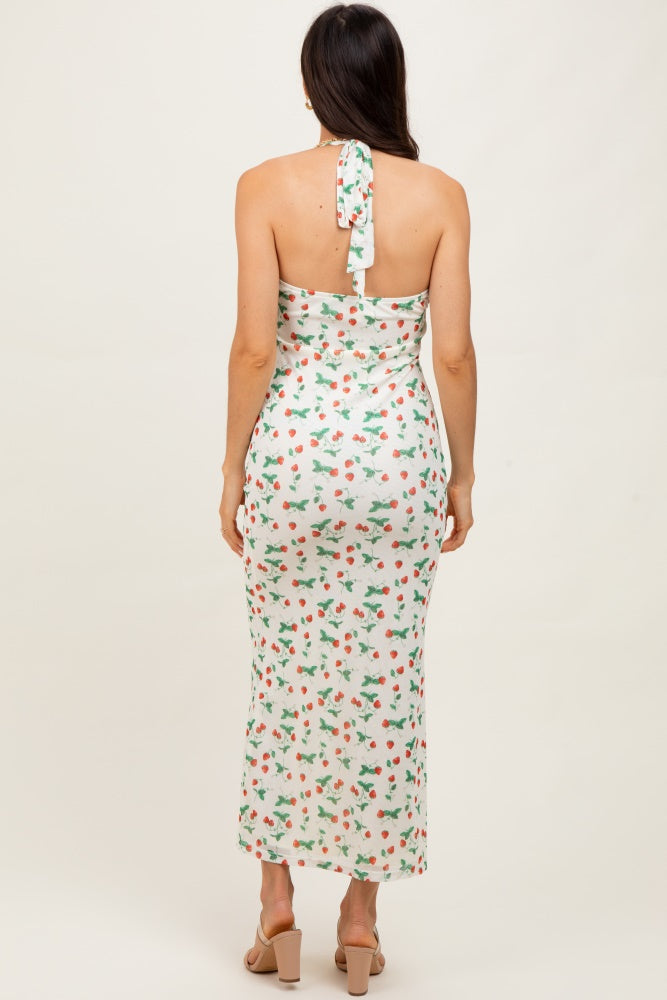 Ivory Strawberry Print Ruffle Detail Halter Maternity Maxi Dress