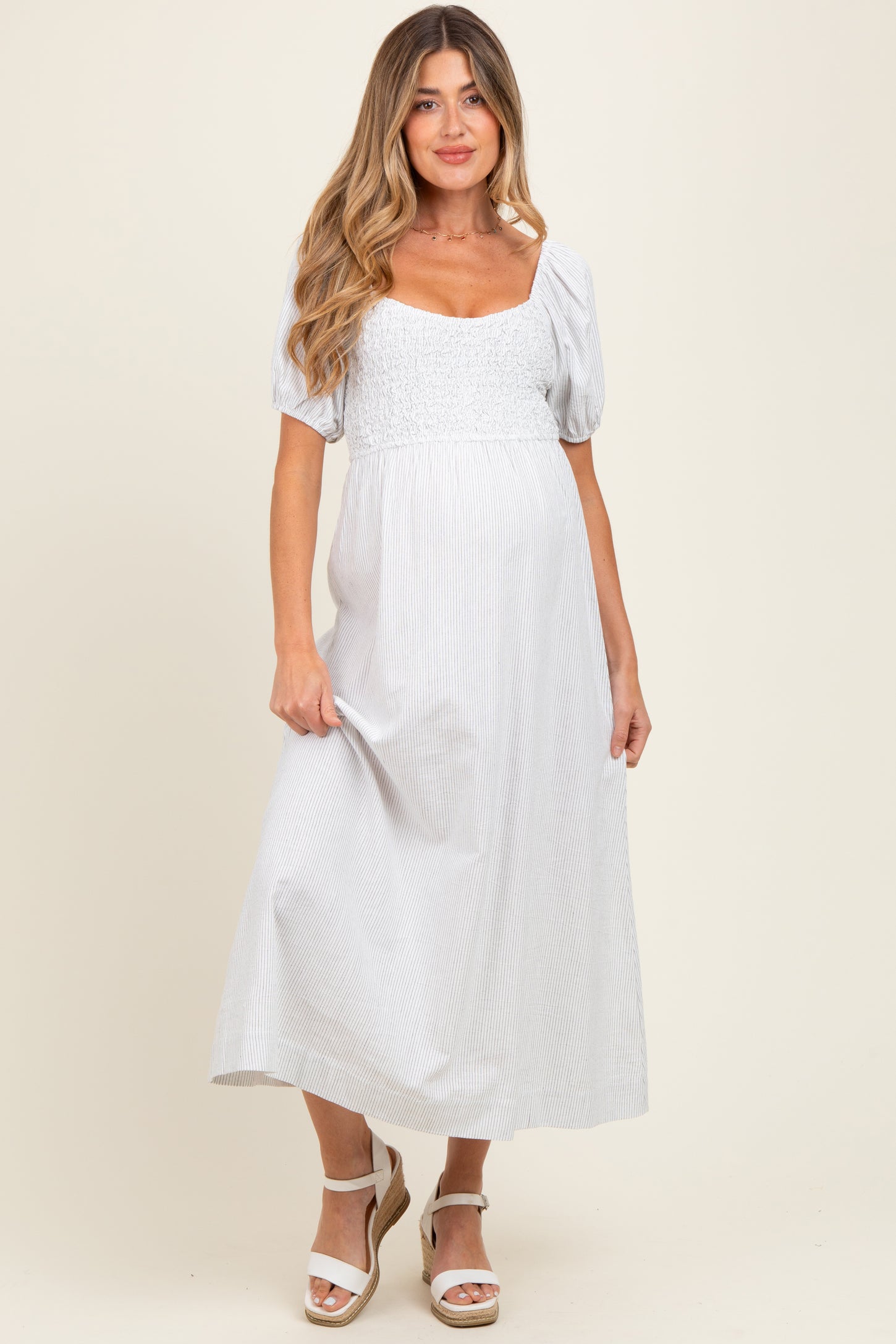 White Popcorn Smocking Bubble Sleeve Maternity Midi Dress – PinkBlush