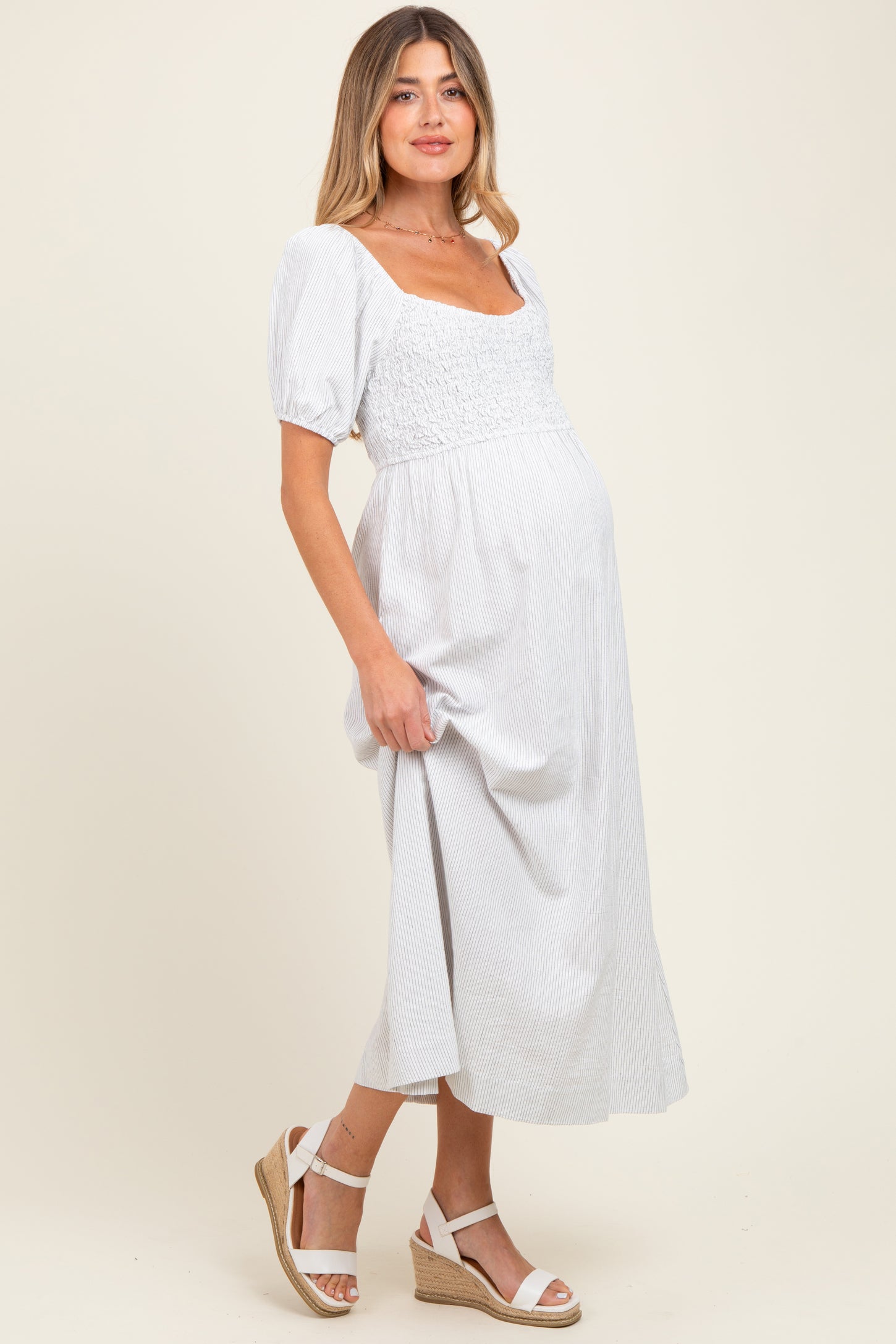 White Popcorn Smocking Bubble Sleeve Maternity Midi Dress – PinkBlush