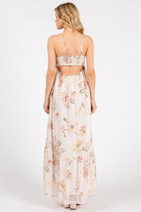 Cream Floral Chiffon Halter Maxi Dress