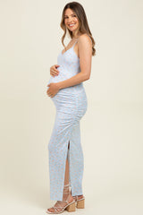 Light Blue Spring Floral Print Sleeveless Maternity Dress