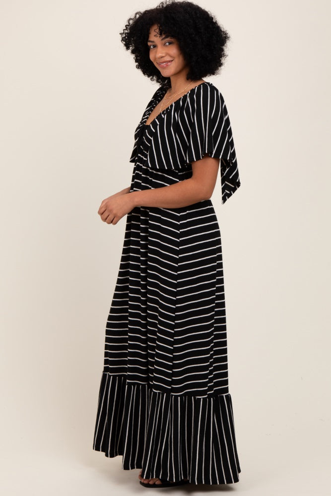 Black/ Cream Stripe Knit Flutter Sleeve V-Neck Tiered Maxi Dress PinkBlush Black/ Cream Stripe Knit Flutter Sleeve V-Neck Tiered Maxi Dress PinkBlush