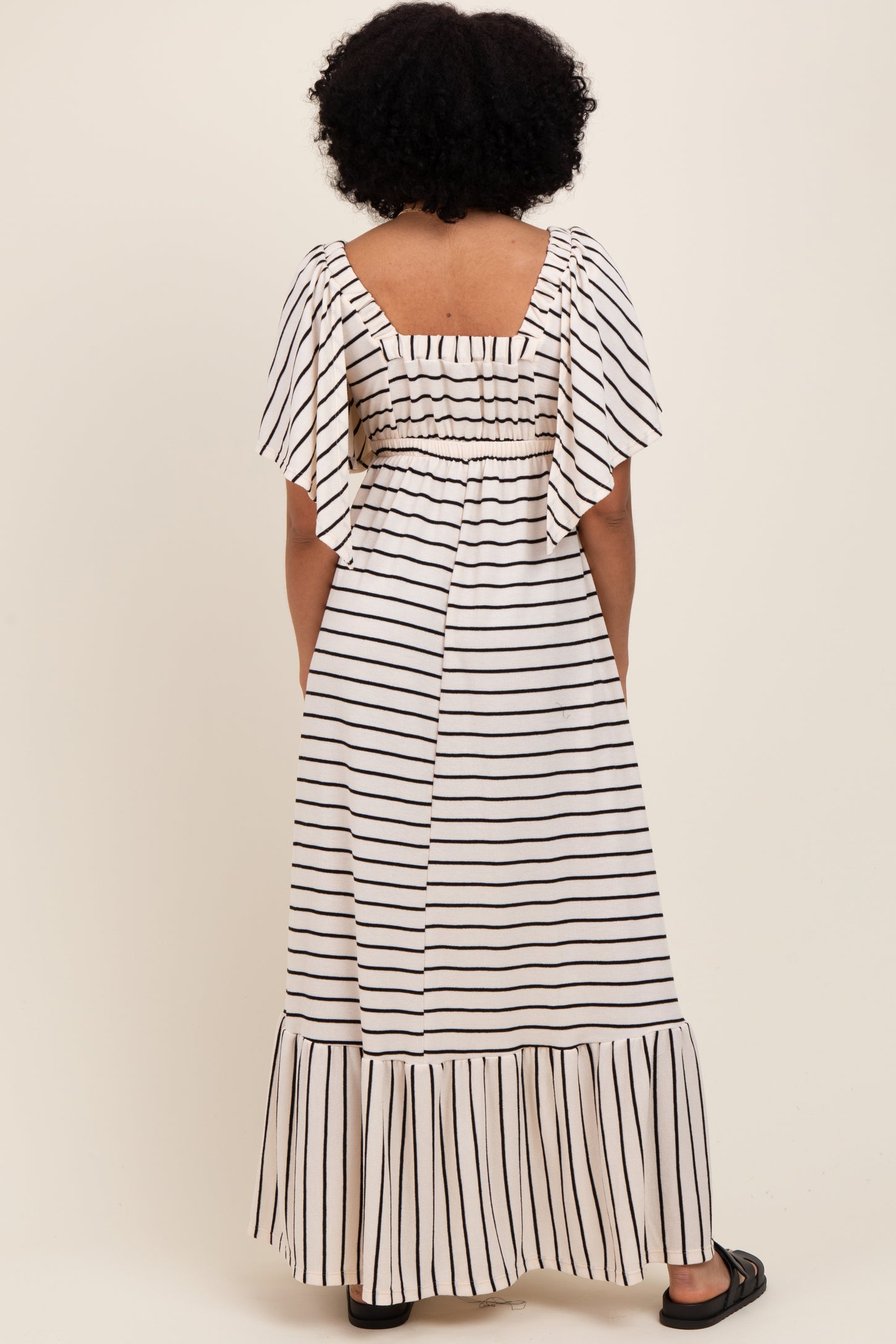 Cream/ Black Stripe Knit Flutter Sleeve V-Neck Tiered Maxi Dress Cream/ Black Stripe Knit Flutter Sleeve V-Neck Tiered Maxi Dress