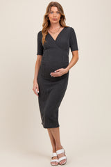 Charcoal Striped Short Sleeve V-Neck Maternity Midi Dress