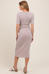 Mocha Striped Short Sleeve V-Neck Maternity Midi Dress