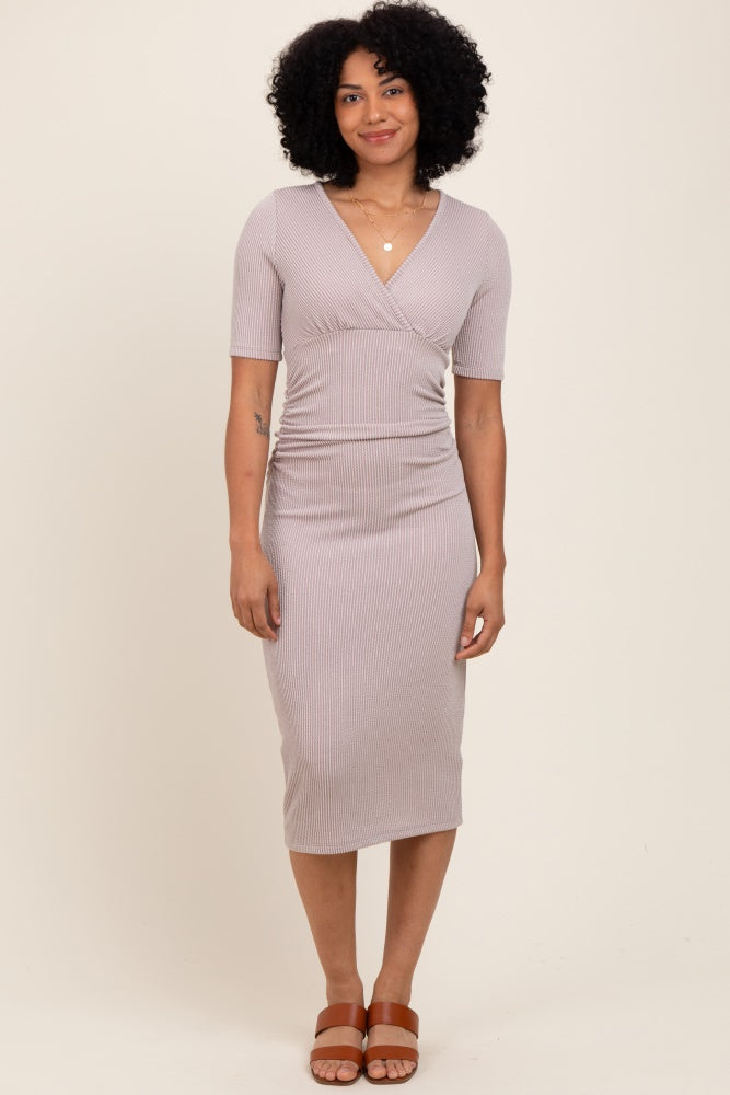 Mocha Striped Short Sleeve V-Neck Midi Dress