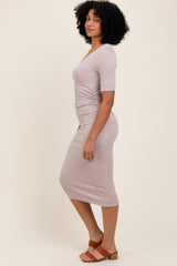 Mocha Striped Short Sleeve V-Neck Midi Dress