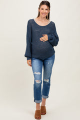 Navy Open Crochet Knit Wide Neck Maternity Sweater