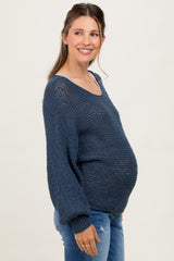 Navy Open Crochet Knit Wide Neck Maternity Sweater