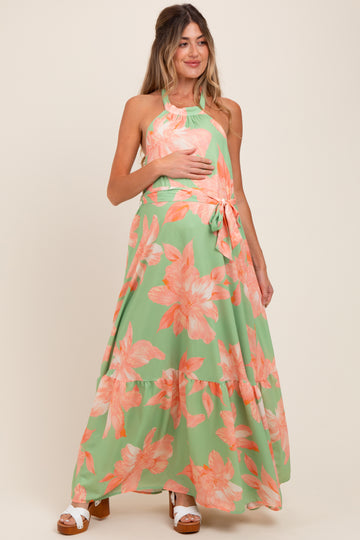 Mint Green Floral Halter Neck Open Back Maternity Maxi Dress