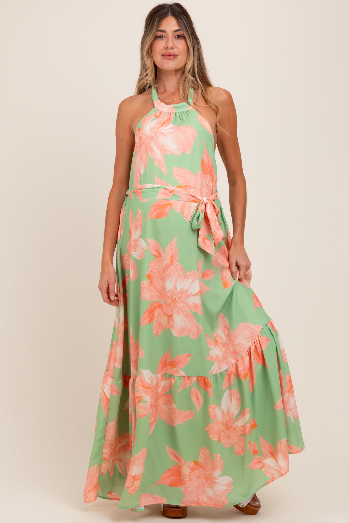 Mint Green Floral Halter Neck Open Back Maternity Maxi Dress PinkBlush Mint Green Floral Halter Neck Open Back Maternity Maxi Dress PinkBlush