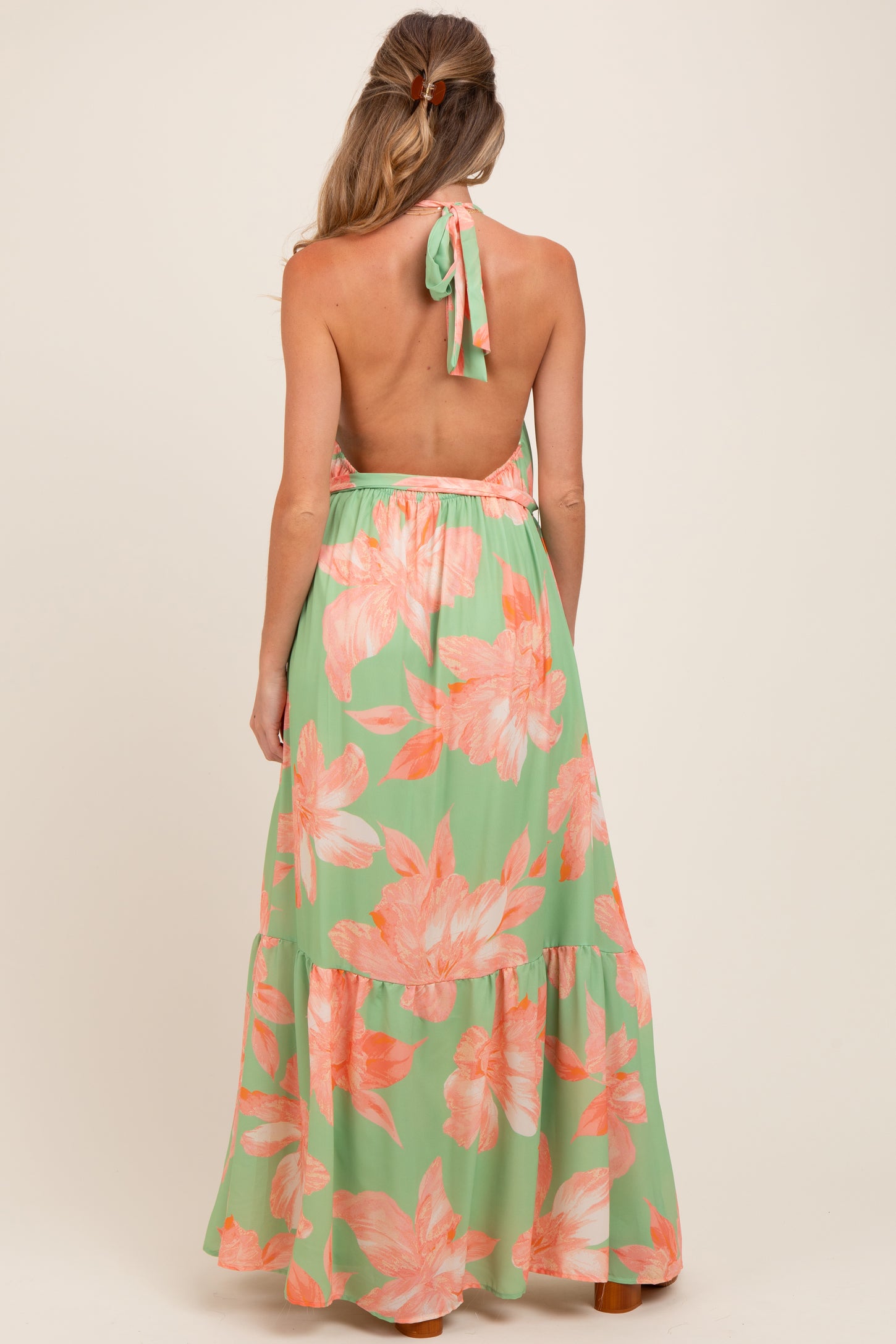 Mint Green Floral Halter Neck Open Back Maternity Maxi Dress PinkBlush Mint Green Floral Halter Neck Open Back Maternity Maxi Dress PinkBlush