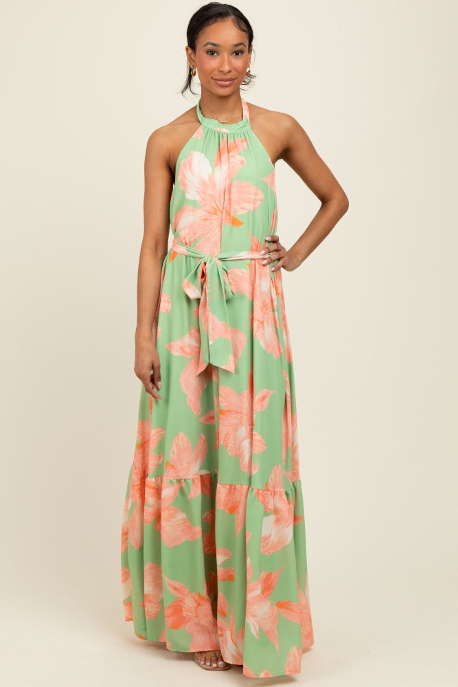 Mint Green Floral Halter Neck Open Back Maxi Dress