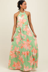 Mint Green Floral Halter Neck Open Back Maxi Dress